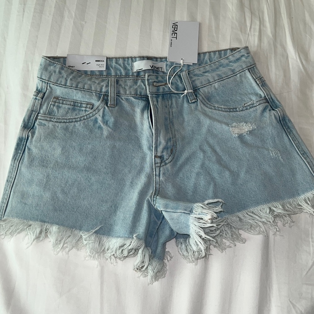 Denim fringe shorts